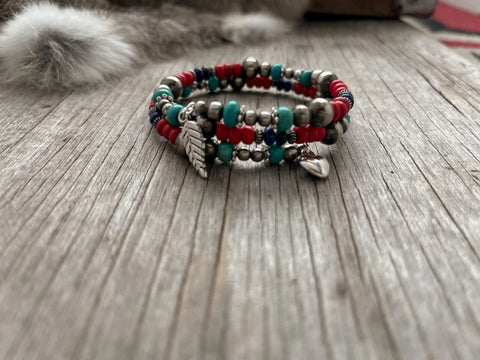 Handmade Navajo Pearl Wrap Bracelet with Red & Blue Design!