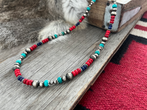 Handmade Navajo Pearl Beautiful Necklace with 6mm, 8mm Beads, Turquoise & Coral Acai!