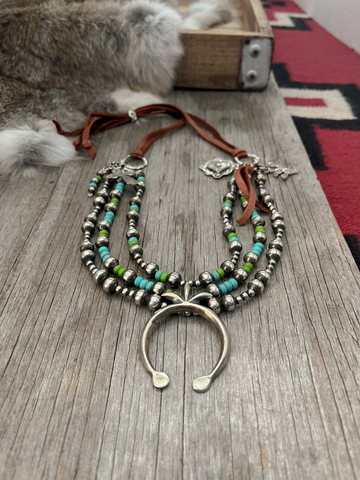 Handmade Navajo Pearl 3 Strand Necklace & Sand Cast Style Naja Pendant! ~ Blue & Green Acai ~ Adjustable Length!
