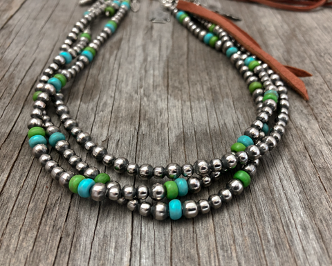 Handmade Navajo Pearl Ring & Leather Necklace ~ Blue and Green!