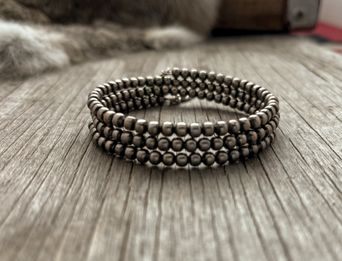 Handmade Navajo Pearl Three Row Bracelet with 5mm beads ~ Memory Wire!