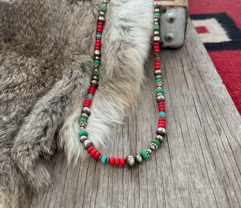 Handmade Navajo Pearl Necklace with 4mm, 6mm, 8mm beads ~ Silver Pumpkin Beads, Turquoise & Coral Acai!