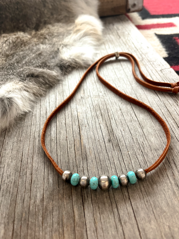 Leather Cord Necklace - Antique Gold/Turquoise - Handmade in The USA