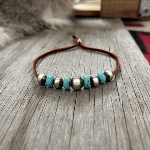 Navajo Pearl Handmade Turquoise Leather Adjustable Bracelet ~ German Silver beads