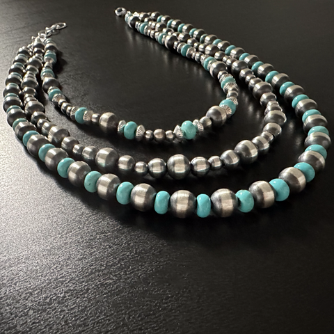 Handmade Sterling Silver Navajo Pearl & Turquoise Necklace ~ Choose Length ~ 3 Strand Showstopper!