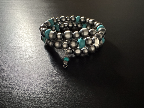 Handmade Sterling Silver Navajo Pearl Wrap Bracelet with Turquoise ~ 2-Row ~ One Size Fits All