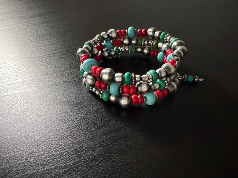 Handmade Sterling Silver Navajo Pearl Wrap Bracelet with Turquoise & Coral Acai Beads ~ Gorgeous Design!