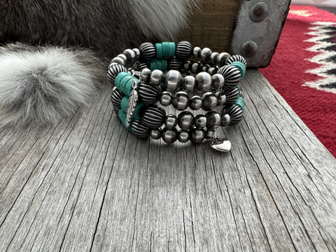 Navajo Style Pearls & Turquoise Wrap Bracelet ~ Accented Pumpkin Beads
