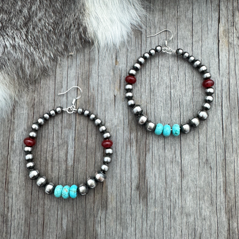 Handmade Navajo Pearl Hoop Earrings with Turquoise & Agate ~ German Silver beads ~ Limited Edition!