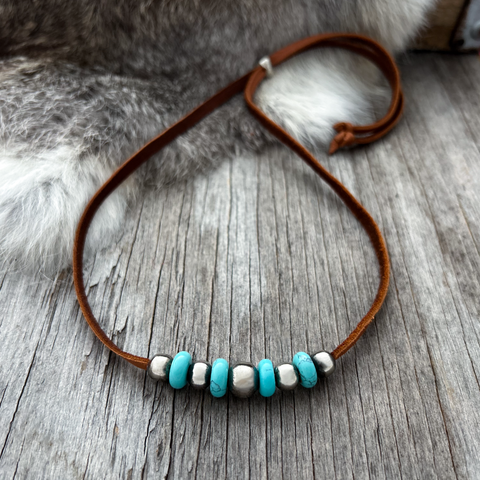 Navajo Pearl Handmade Turquoise Leather Choker ~ Adjustable ~ German Silver and Soft High Quality Leather!