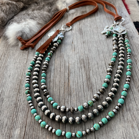 Handmade Navajo Pearl 3 Strand Necklace ~ Turquoise & German Silver beads ~ Adjustable Length!