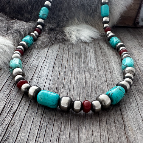 Handmade Navajo Pearl Necklace with Turquoise Barrel and Agate Beads ~ German Silver beads ~ Limited Edition!