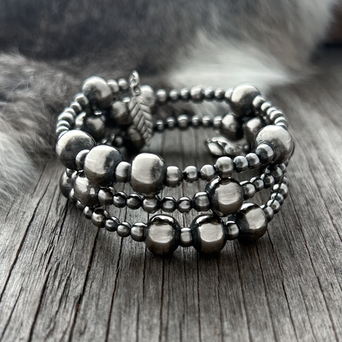 Navajo Pearl Handmade 4, 5, and 10mm  Wrap Bracelet ~ 3-Row ~  German Silver beads ~ One Size Fits All!