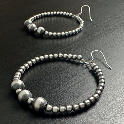 Handmade Sterling Silver Navajo Pearl Hoop Earrings ~ 4mm and 8mm ~ Striking Style!