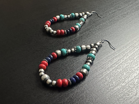 Handmade Sterling Silver Navajo Pearl Earrings ~ Lapis, Turquoise & Coral Acai ~ Colorful Teardrop Design!