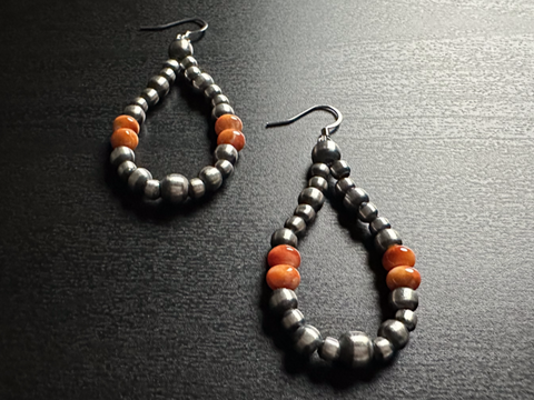 Handmade Sterling Silver Navajo Pearl Earrings with Spiny Oyster Shell Beads ~ Gorgeous Teardrop Design!