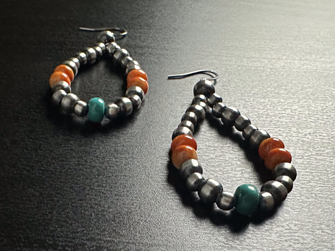 Handmade Sterling Silver Navajo Pearl Earrings with Spiny Oyster Shell and Turquoise ~ Beautiful Teardrop Design!