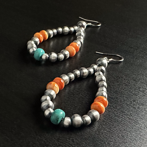 Handmade Sterling Silver Navajo Pearl Earrings with Spiny Oyster Shell and Turquoise ~ Beautiful Teardrop Design!