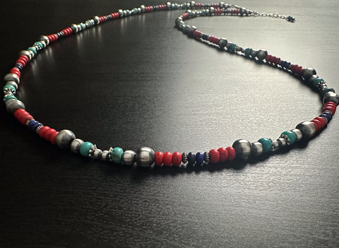 Handmade Sterling Silver Navajo Pearl Necklace ~ Lapis Lazuli, Turquoise & Coral Acai Beads ~ Beautiful Design!