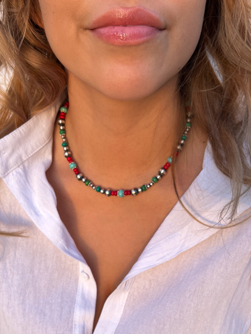 Handmade Sterling Silver Navajo Pearl Necklace ~ Turquoise & Coral Acai Beads ~ Gorgeous Design!