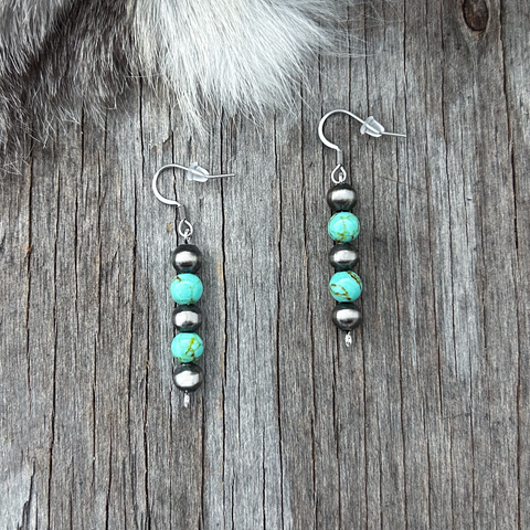 Handmade Navajo Pearl Petite Turquoise Drop Earrings ~ German Silver beads!