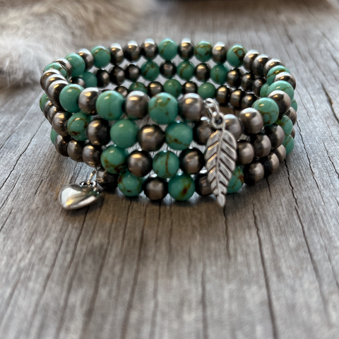 Navajo Pearl Handmade Turquoise 3-Row Wrap Bracelet ~ German Silver beads!