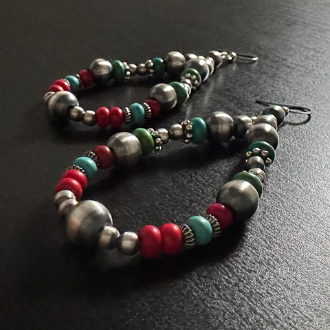 Handmade Sterling Silver Navajo Pearl Earrings ~ Turquoise & Coral Acai ~ Colorful Teardrop Style!