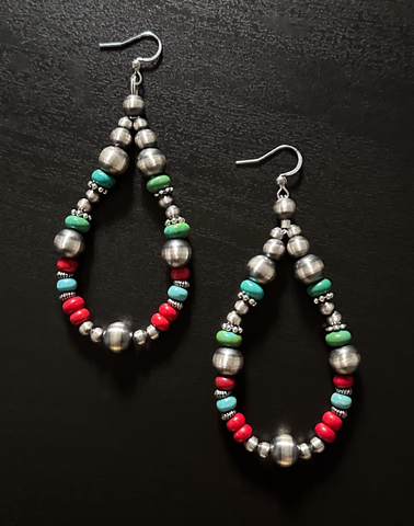 Handmade Sterling Silver Navajo Pearl Earrings ~ Turquoise & Coral Acai ~ Colorful Teardrop Style!