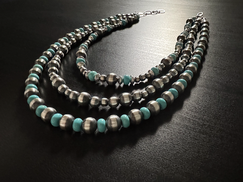 Handmade Sterling Silver Navajo Pearl & Turquoise Necklace ~ Choose Length ~ 3 Strand Showstopper!