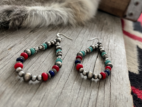 Navajo Pearl Handmade Teardrop Earrings ~ Lapis, Turquoise & Coral Acai ~ German Silver beads!