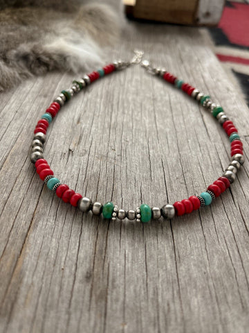 Handmade Navajo Pearl Beautiful Necklace with 4mm, 5mm, and 6mm Beads & Turquoise!