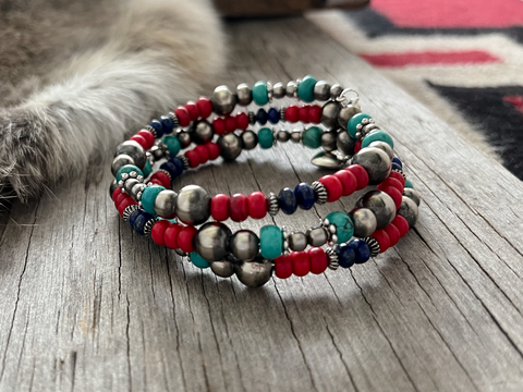 Navajo Pearl Handmade Wrap Bracelet with Coral Acai, Genuine Lapis and Turquoise Beads!