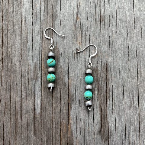 Handmade Navajo Pearl Petite Turquoise Drop Earrings ~ German Silver beads!