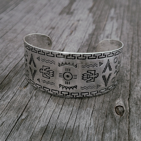 Large Stamped Cuff Bracelet ~ Navajo Style Deep Stamped Silver