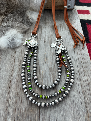 Adjustable Length ~ 3 Strand Navajo Style Pearls ~ Sterling Silver Beads & Lime Green Acai