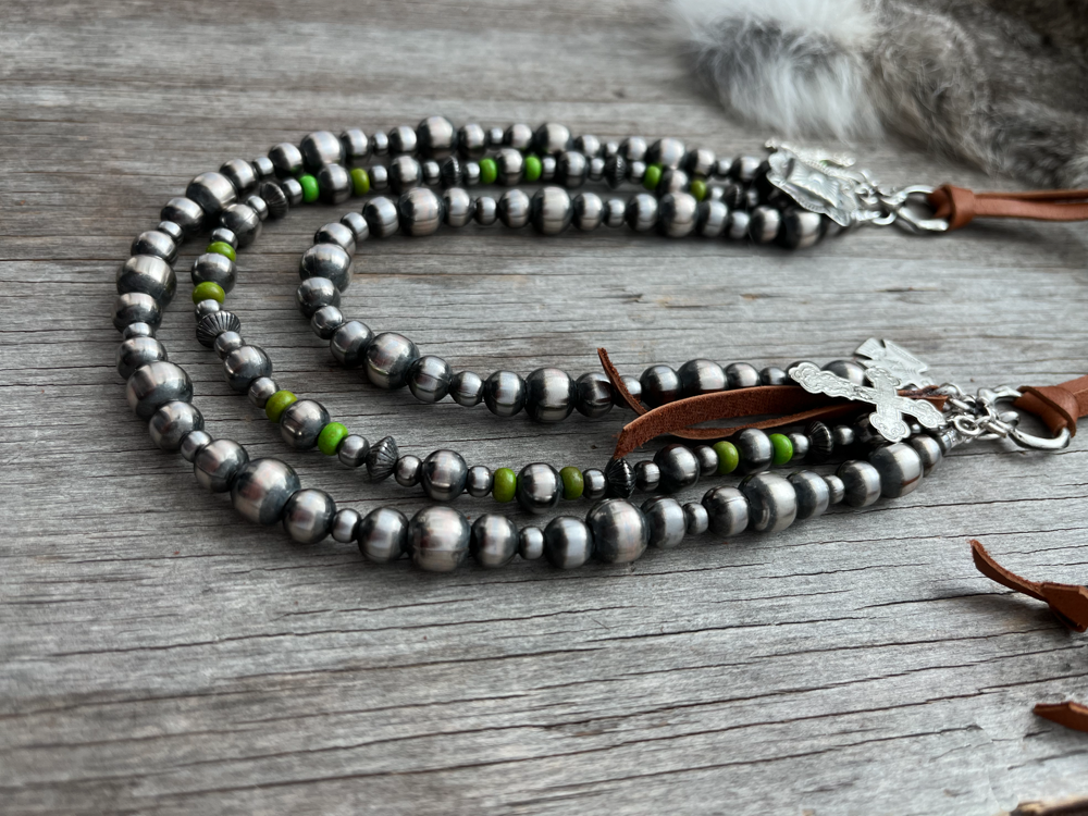 Handmade Navajo Pearl 3 Strand Necklace ~ Sterling Silver Beads & Lime Green Acai ~ Adjustable Length!