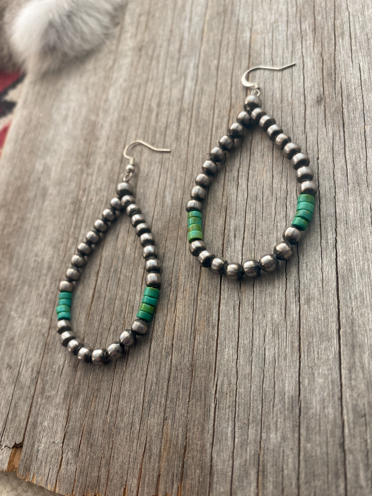 Handmade Navajo Pearl Teardrop Earrings ~ Green Turquoise