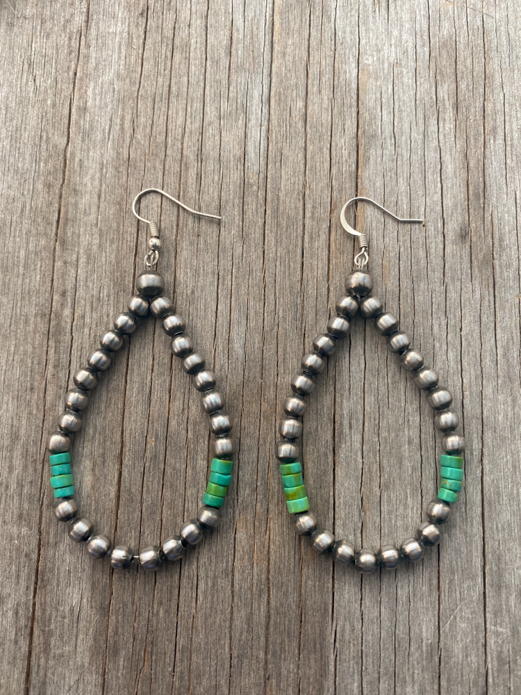 Teardrop Earrings Green Turquoise Navajo Style Pearls