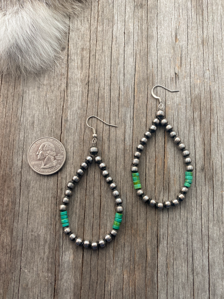 Handmade Navajo Pearl Teardrop Earrings ~ Green Turquoise