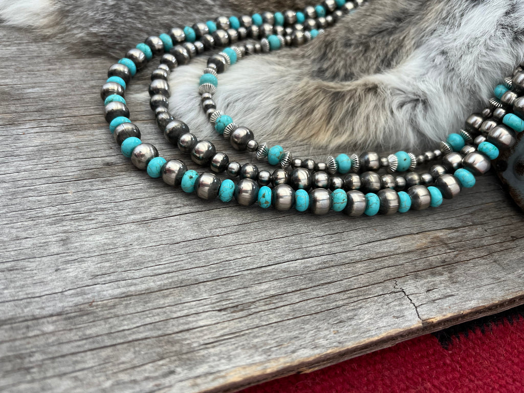 Handmade Navajo Pearl Stunning 3-Strand Necklace with Turquoise!