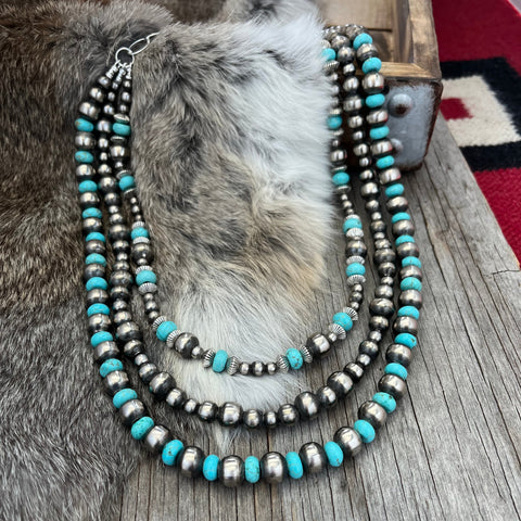 Navajo Pearl Stunning 3-Strand Necklace with Turquoise ~ German Silver beads!