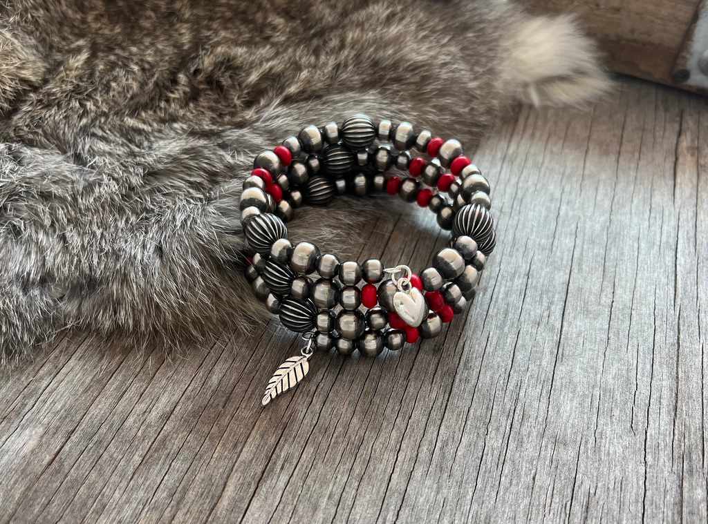 Navajo Style Pearl Bracelet with Coral Acai & Silver Pumpkin Beads