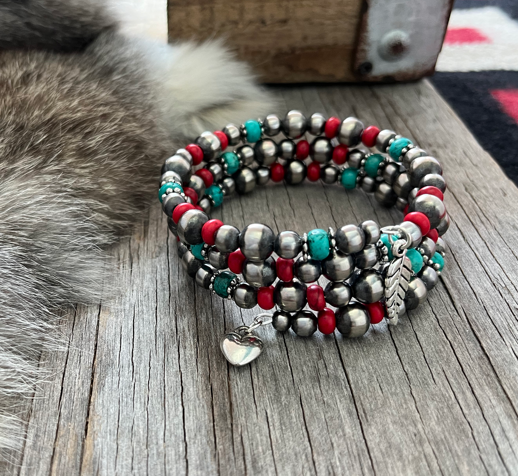 Handmade Navajo Pearl Bracelet with Turquoise, Coral Acai, and Charms!
