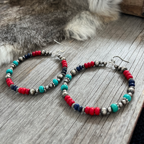 Navajo Pearl Handmade Hoop Earrings with Natural Lapis & Desert Sunset Colors ~ German Silver beads!