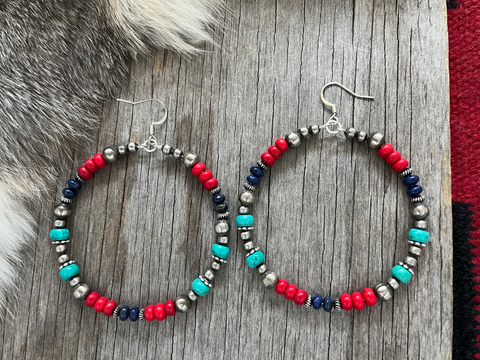 Handmade Navajo Pearl Hoop Earrings with Natural Lapis & Desert Sunset Colors!