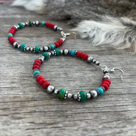 Navajo Pearl Handmade Hoop Earrings ~ German Silver beads~ Gorgeous Green/Blue Turquoise & Desert Sunset Colors!