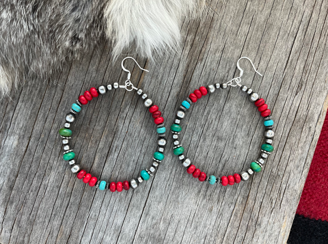 Handmade Navajo Pearl Hoop Earrings ~ Gorgeous Green/Blu Turquoise & Desert Sunset Colors!