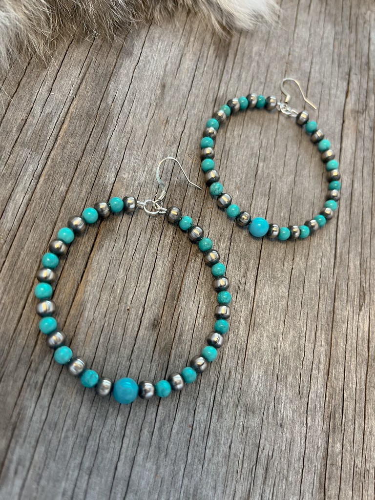Navajo Style Pearl Hoop Earrings ~ Bight Blue Turquoise