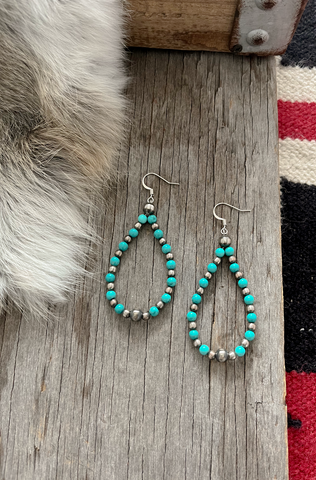 Petite Navajo Style Pearl Earrings ~ Turquoise Teardrop Dangles