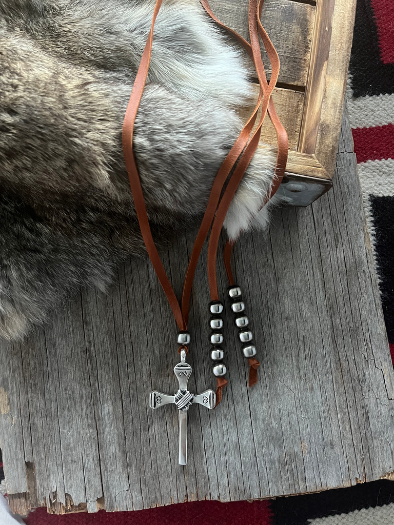 Artistic Sterling Silver Cross Pendant on Brown Leather ~ Lariat!